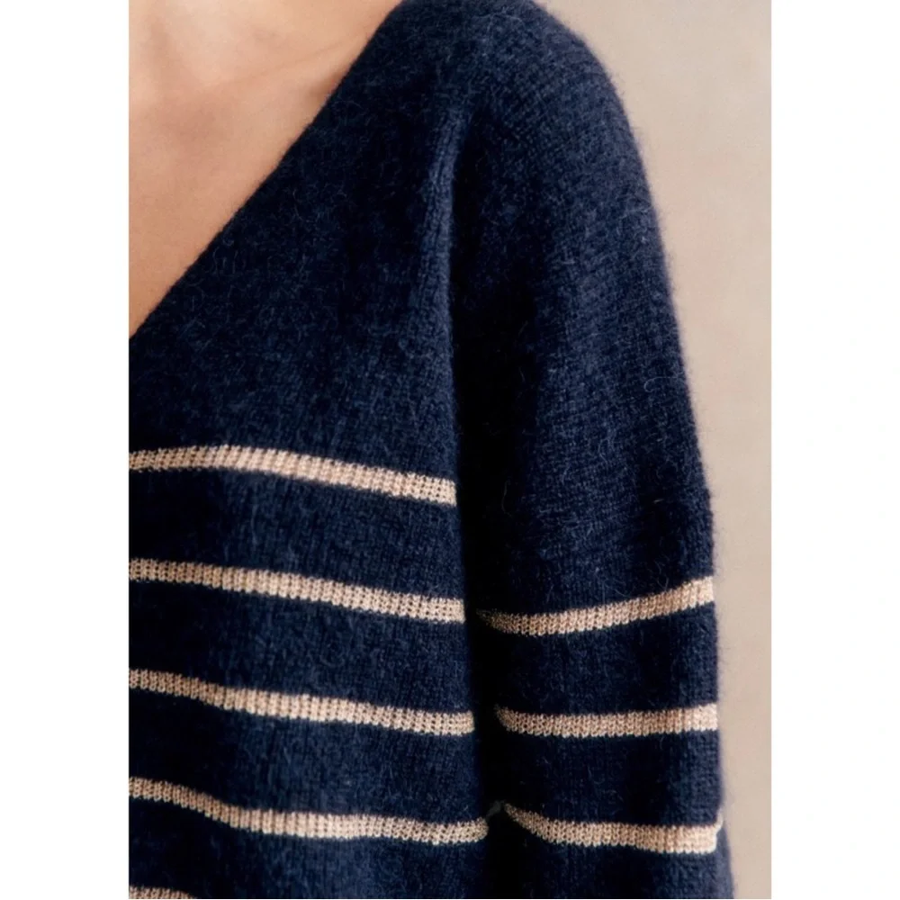 SEZANE Navy & Gold Striped Mohair Alpaca Wool Barry Cardigan Reversible Sweater